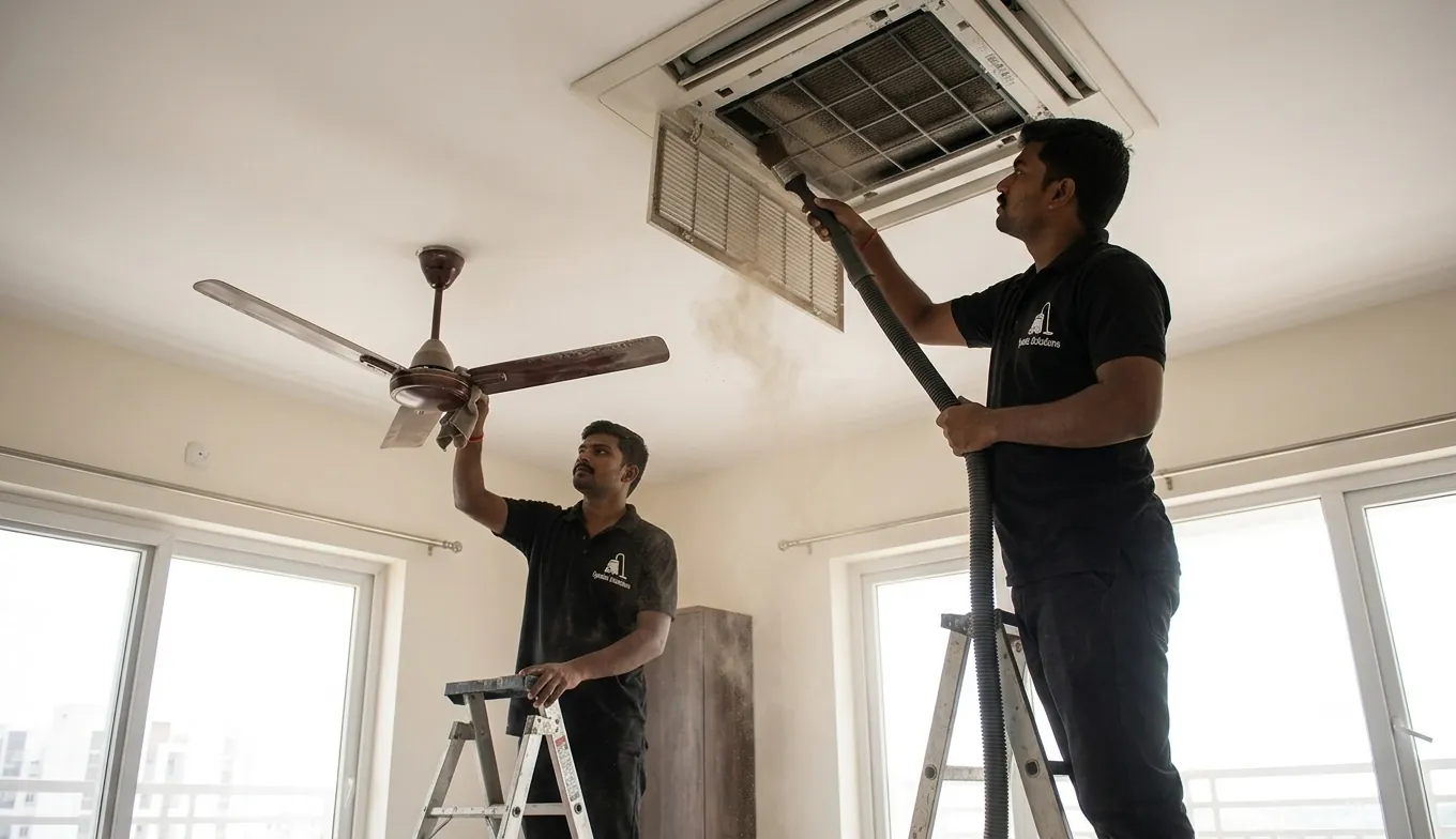 Deep cleaning AC vents and ceiling fans affected by construction dust